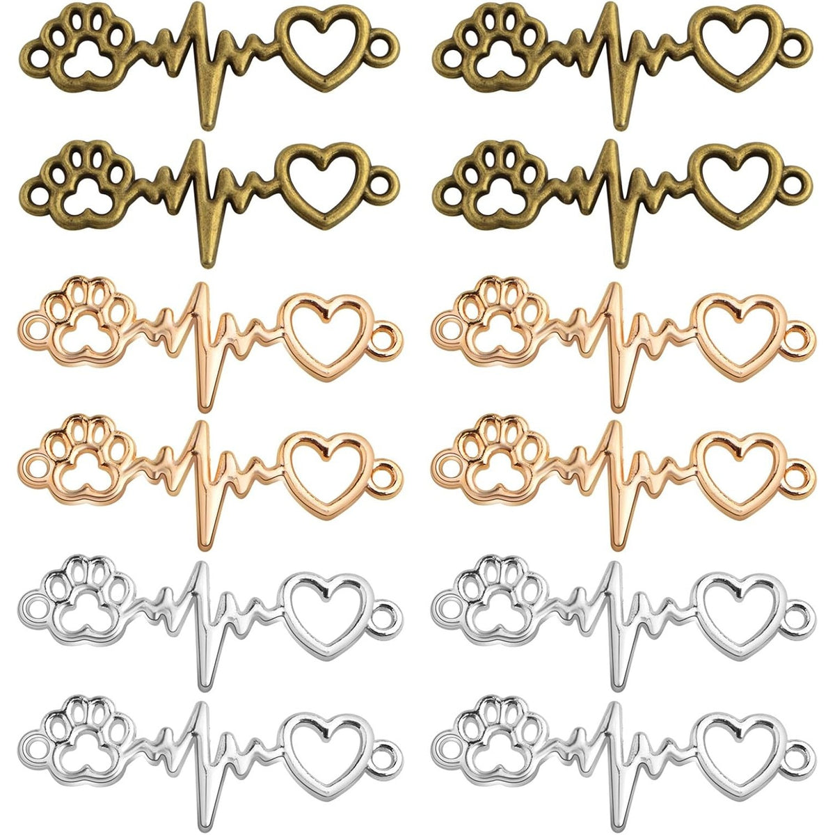 60pcs Dog Paw Print Heart Beating Charm Connectors Vintage Alloy Animal Footprint Lifeline Pulse Heartbeat Pendant Links for DIY Bracelet Necklace Jewelry Craft Making, 3 Colors