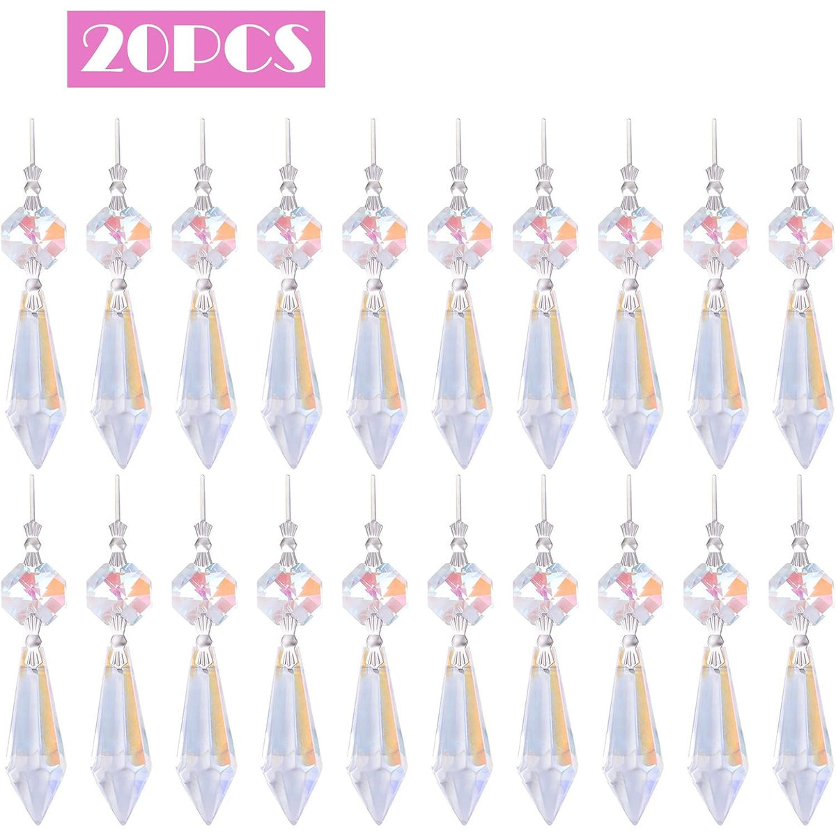 20pcs Crystals Prisms Glass Tip Beads Replacement Chandelier Icicle Drop Pendants Octagon Crystal Beads Metal Connectors for Lamp Decoration Christmas Ornament, AB Color