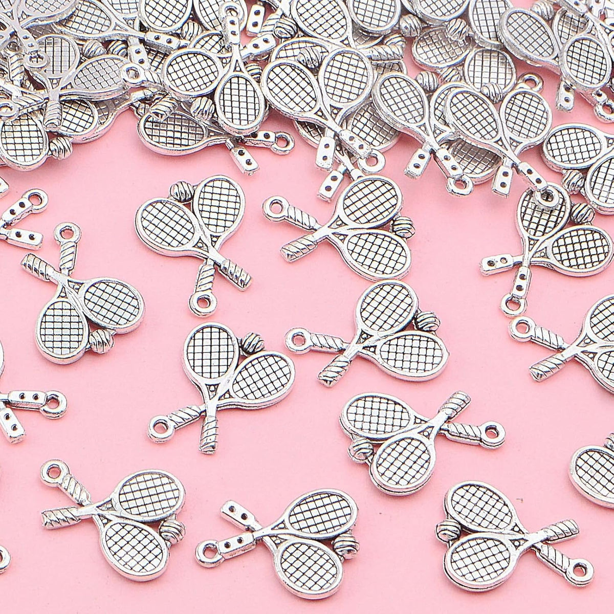 50pcs Antique Silver Tennis Racket Pendant Charms Tibetan Style Alloy Tennis Badminton Racket Pendants Accessories for DIY Bracelets Necklace Jewelry Craft Making