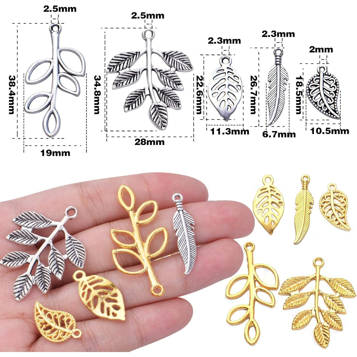 100pcs 5 Styles Tree Leaf Charms Tibetan Alloy Leaves Branch Pendants Vintage Dangle Charms for DIY Earring Necklace Keychains Jewelry Making Accessory, Gold and Antique Silver