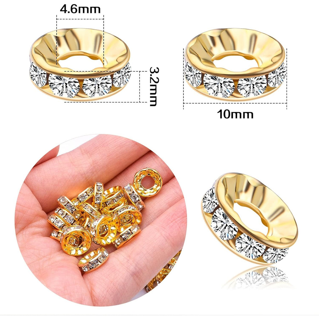100pcs 10 mm Rhinestone European Beads Crystal Rondelle Spacer Beads Brass Large Hole Loose Charm Beads for DIY Snake Chain Bracelets Necklaces Jewelry Making Accessories, Golden, Hole: 4.6 mm
