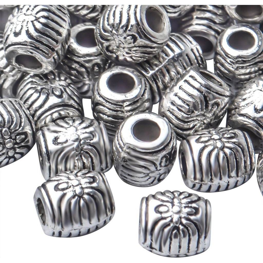 100pcs Antique Silver Barrel Spacer Beads Alloy Tibetan Spacers Drum Beads Loose Beads Charm Beads Crafts Supplies for Jewelry DIY Bracelet Necklace Making