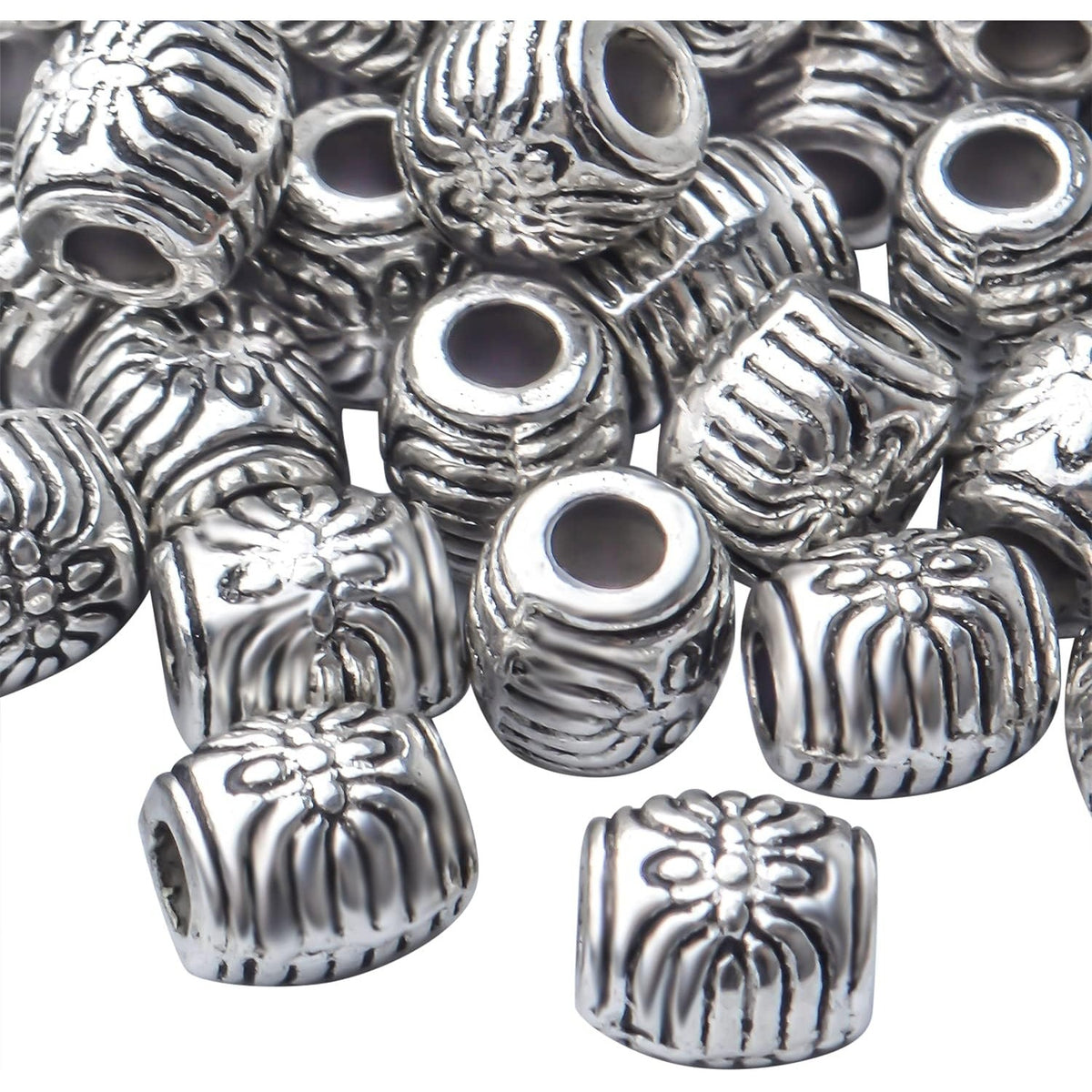 100pcs Antique Silver Barrel Spacer Beads Alloy Tibetan Spacers Drum Beads Loose Beads Charm Beads Crafts Supplies for Jewelry DIY Bracelet Necklace Making