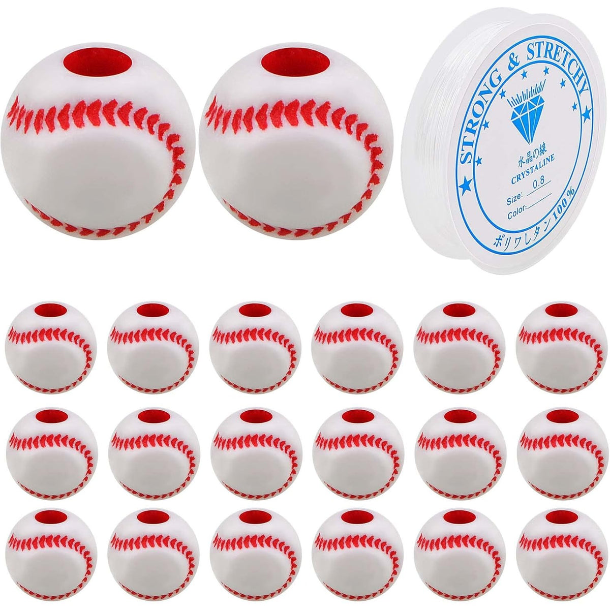 120pcs Round Baseball Spacer Beads Acrylic Baseball Sport Beads with A Roll 6 m of Elastic Crystal String for DIY Necklace Bracelet Jewelry Making Craft Projects
