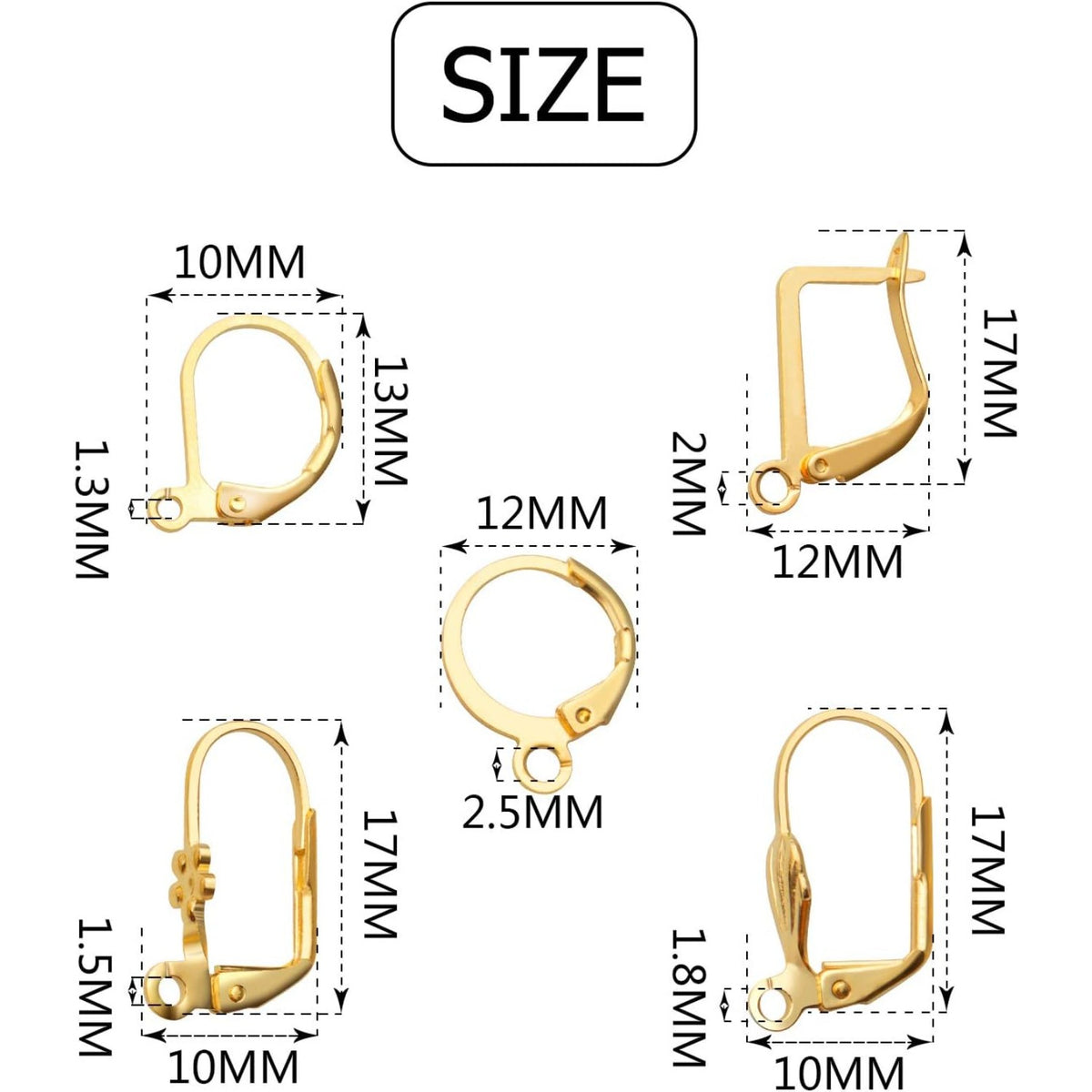 50pcs Gold French Earring Hooks Leverback Earwires Brass Hypoallergenic Ear Hooks with Open Loop for Earring Designs Supplies Jewelry Making Findings, 5 styles