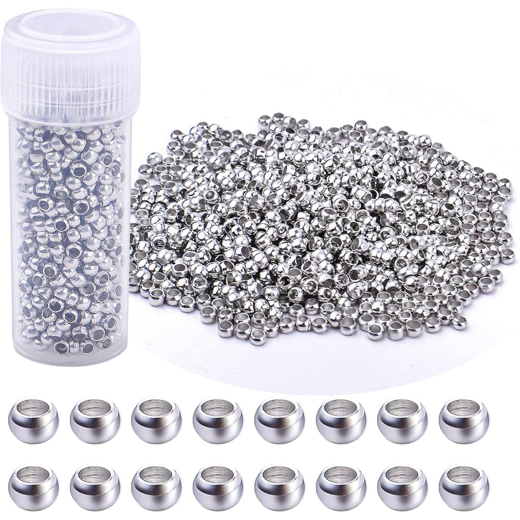 1000pcs 2mm Round Crimp Beads Stainless Steel Loose Spacer Stoppers Beads Ends Caps and 1pcs Plastic Box for Jewelry Making Bracelets Necklace, Hole : 1.6mm