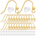 50pcs Stainless Steel Earring Hooks Hypo-allergenic French Ear Wires Hooks with Ball and 50pcs Clear Earring Safety Backs for DIY Earrings Jewelry Making, Golden