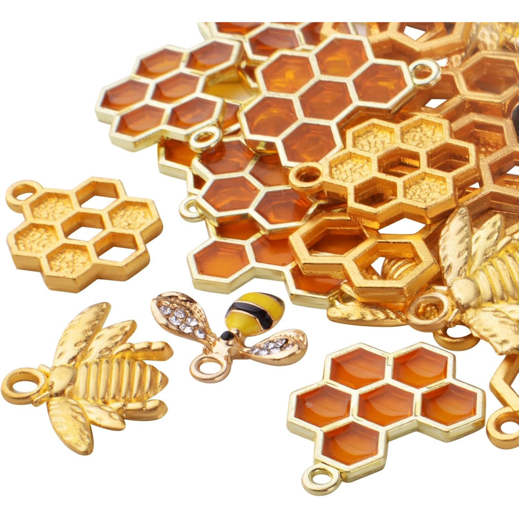 50pcs Honeycomb Bee Charms Enamel Rhinestone Alloy Honeybee Charms Pendants for DIY Necklace Earrings Bracelet Jewelry Making Accessories