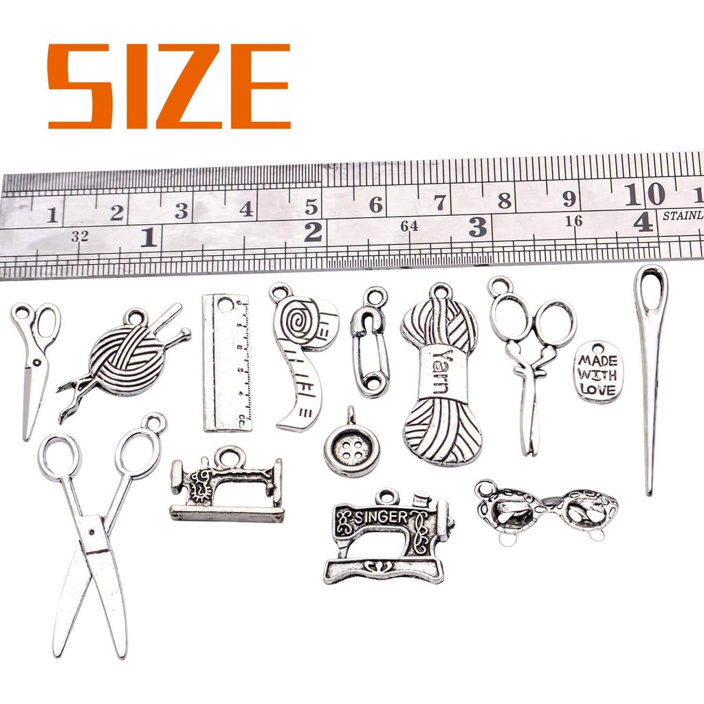 Sewing Charms Collection,44pcs Antique Silver Sewing Charms Scissor Pipe Yarn Clew Button Pendant Jewelry Making Findings for Necklace Bracelet Scrapbooking