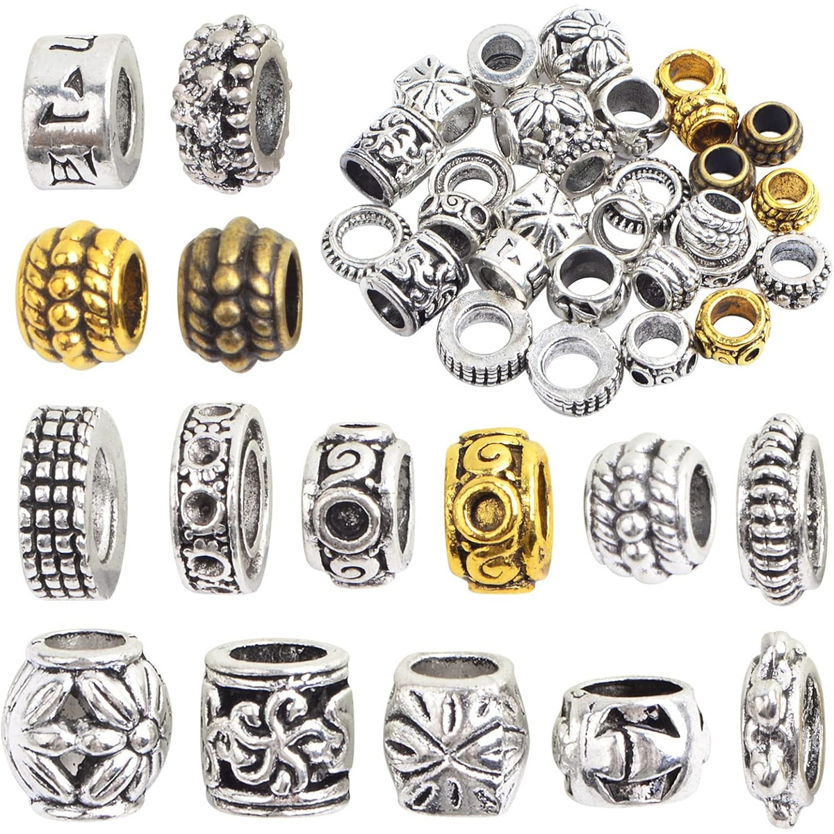 30pcs 15 Styles African Hair Beads Big Beard Beads Tibetan Style Alloy Dreadlock Hair Beads Accessories for Jewelry Making Hair Braids Hair Decoration, Mixed Colors