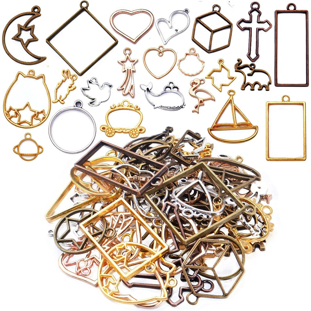 100G(50~70Piece) Open Bezel Pendants Charms Resin Molds Open Back Bezel Charms Blanks Frame Pendant Hollow Bezel Charms for Earrings Necklace Bracelet DIY Crafts Making Supplies