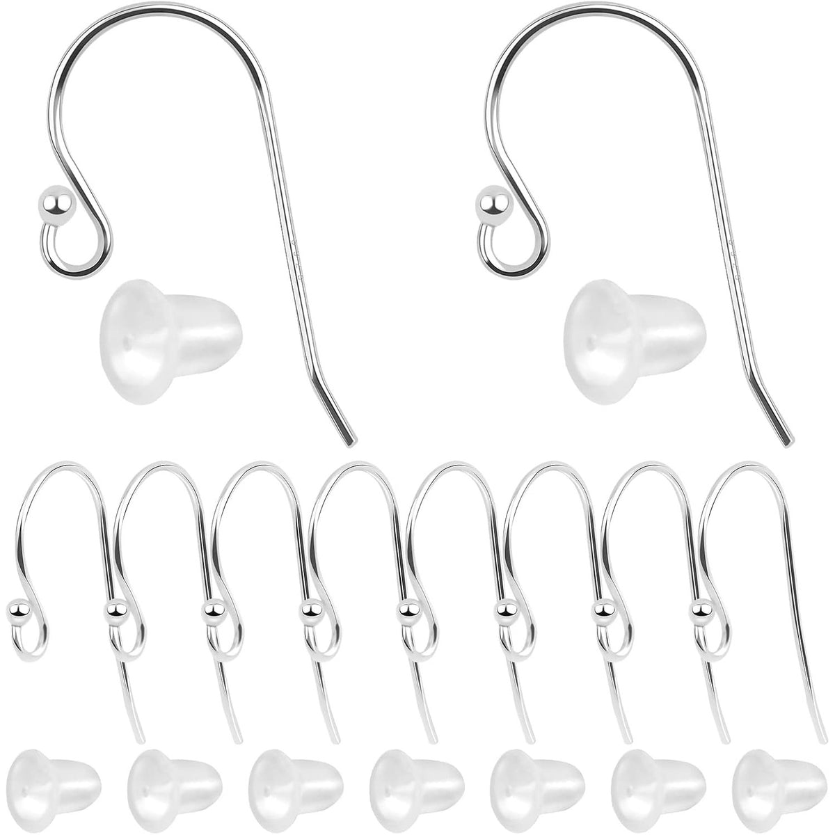 10pcs/5 Pairs 925 Sterling Silver Ear Wires Ball Dot End French Earring Hooks Earring Findings and 10pcs Clear Earring Backs for DIY Drop Dangle Jewelry Making Replacements