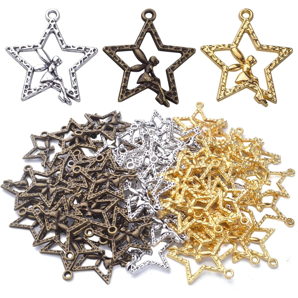 60pcs Fairy Charm Pendants Alloy Angle Charms Fairy on Star Charms Craft Supplies for DIY Earrings Necklace Bracelet Jewelry Making and Crafting Accessory, 3 Colors