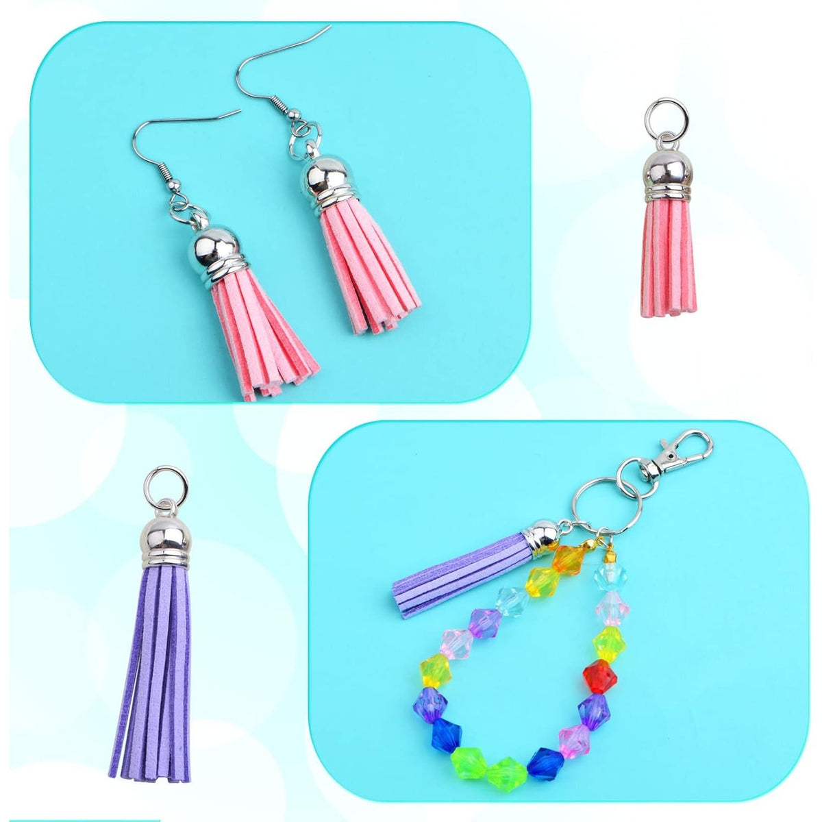 50pcs 2 Sizes Tassel Keychain Charms Multicolored Leather Tassel Pendants and 50pcs White K Open Jump Rings for DIY Earring Cellphone Straps Jewelry Making Accessories