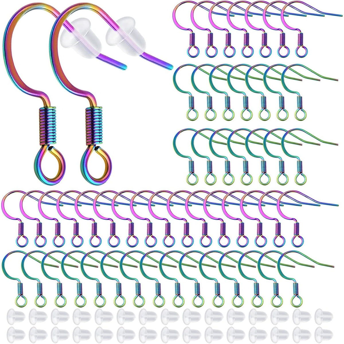 50pcs Stainless Steel Earring Hooks Hypoallergenic French Ear Wire Fish Hooks with 50pcs Clear Earring Safety Backs for DIY Earrings Jewelry Making Supplies, Rainbow Color