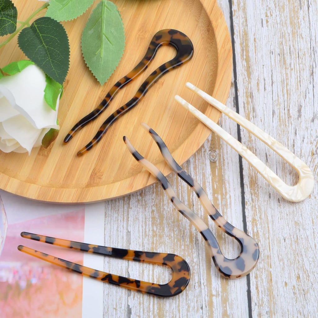6pcs French Tortoise Hairpins Tortoise Shell U Shaped Large Wavy Crink Clips Cellulose Acetate Bun Hair Stick Fork Pins with 2 Prongs for Women Girls Hairstyle Accessories, 6 Styles