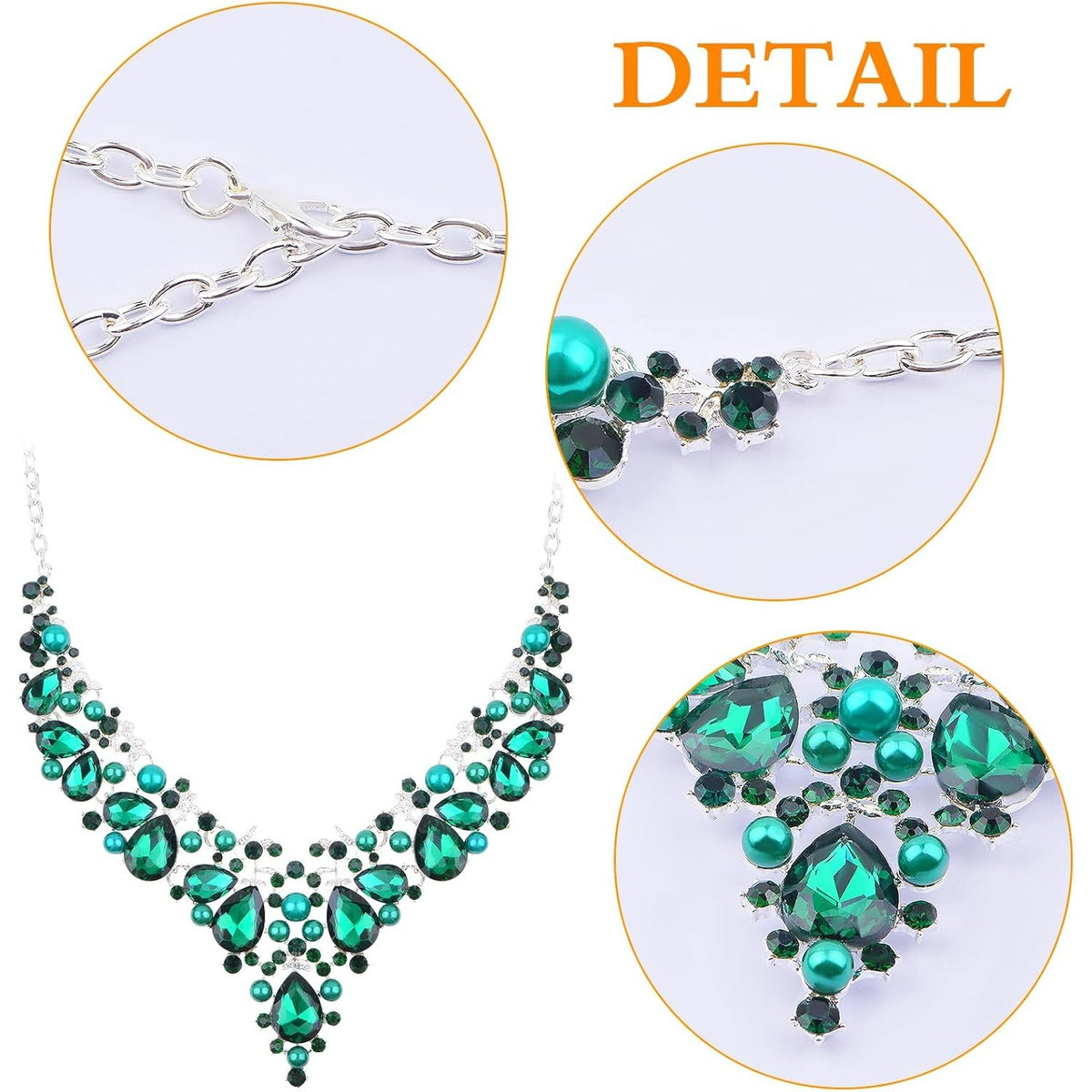 Jewelry Set for Women, 1 Set Green Pearl Crystal Necklace and Dangle Earrings Elegant Bridal Floral Cluster Teardrop Statement Necklace Earrings for Party Prom Gifts