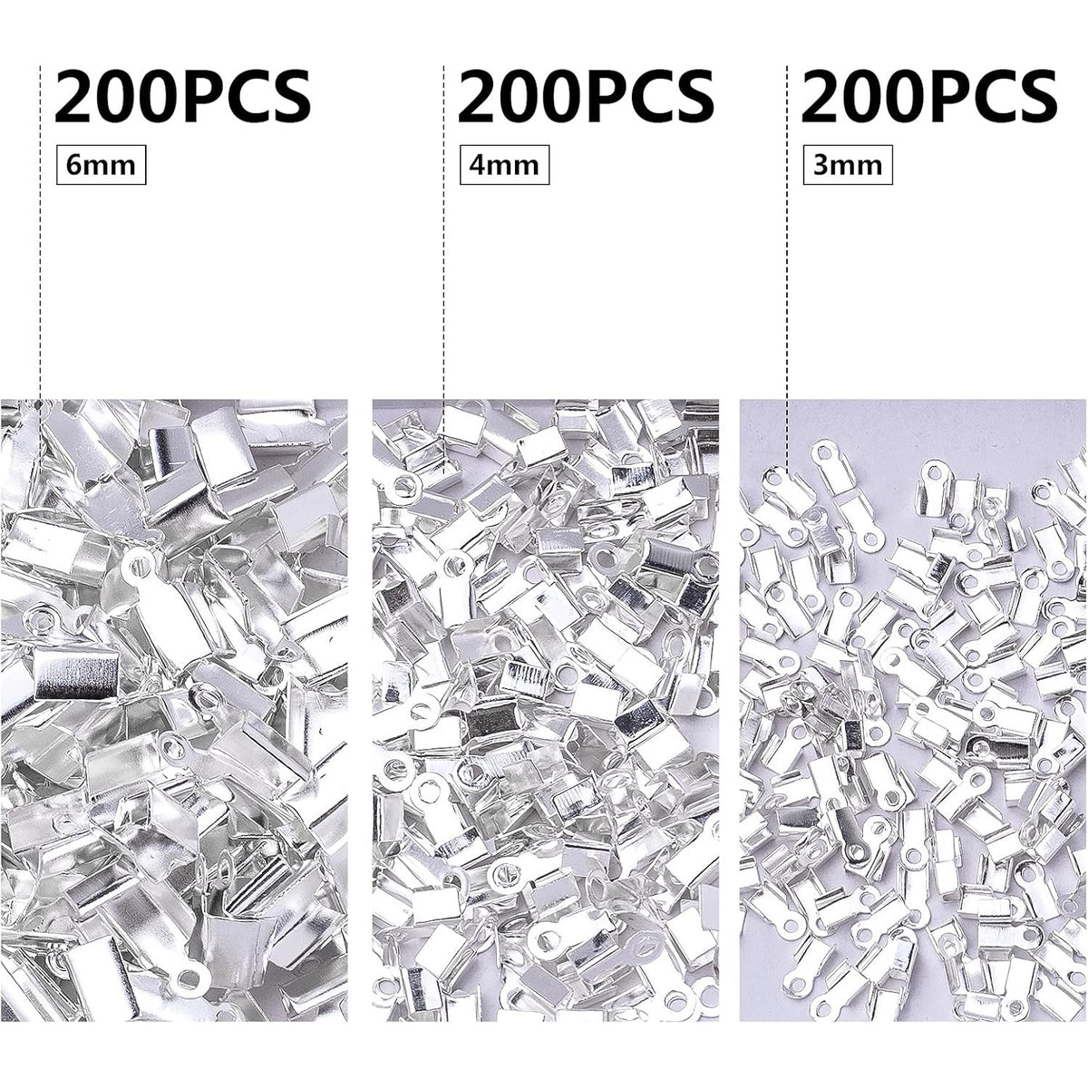 600pcs Silver Fold Over Cord Ends Metal Cord Crimp End Tips Fold-Over End Caps Leather Ribbon Ending Clasp Tips Jewelry Connector for Necklace Bracelet Making, 3 Sizes