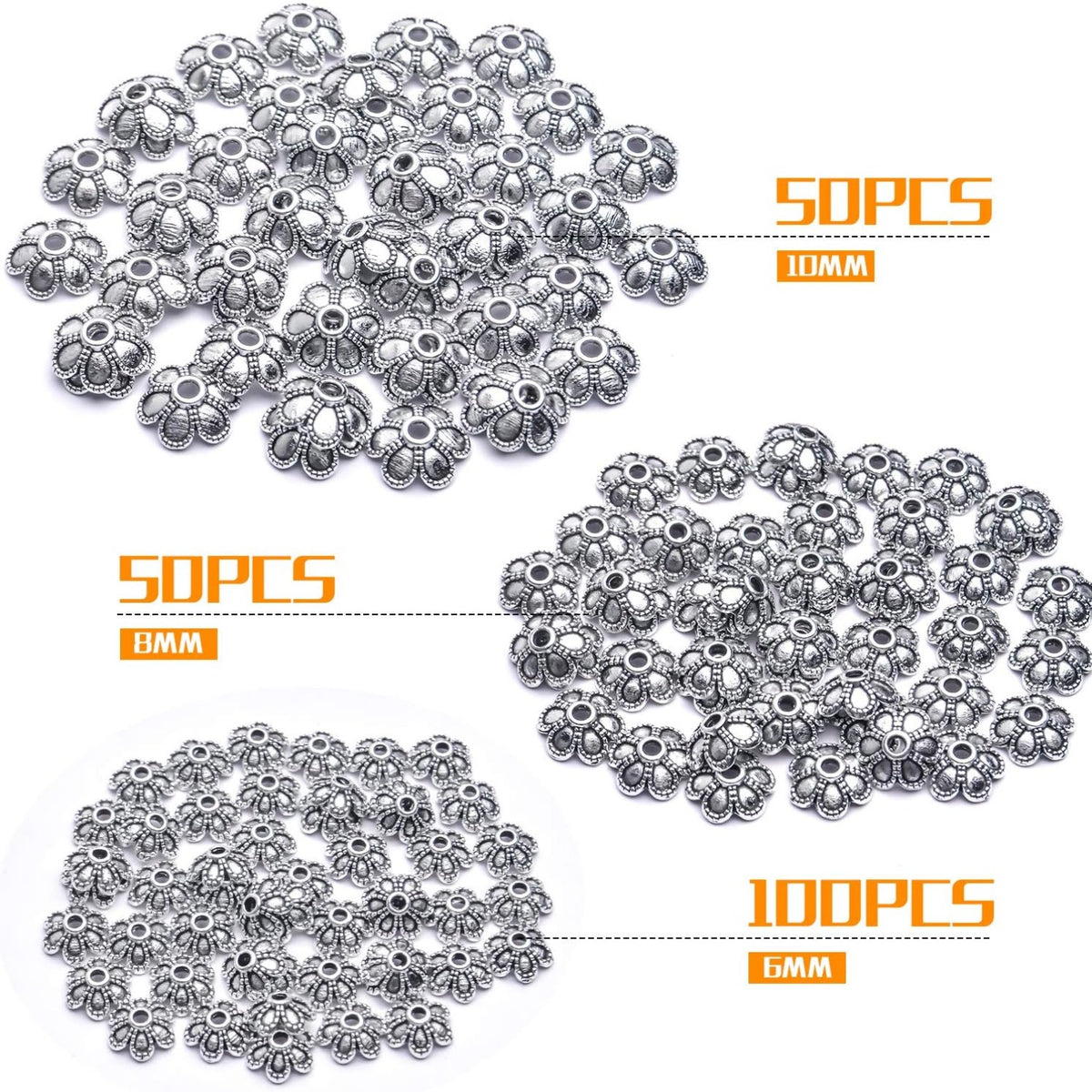 Antique Silver Flower Bead Caps, 200 Pcs Tibetan End Caps Metal Spacers for Jewelry Making, 6mm, 8mm, 10mm