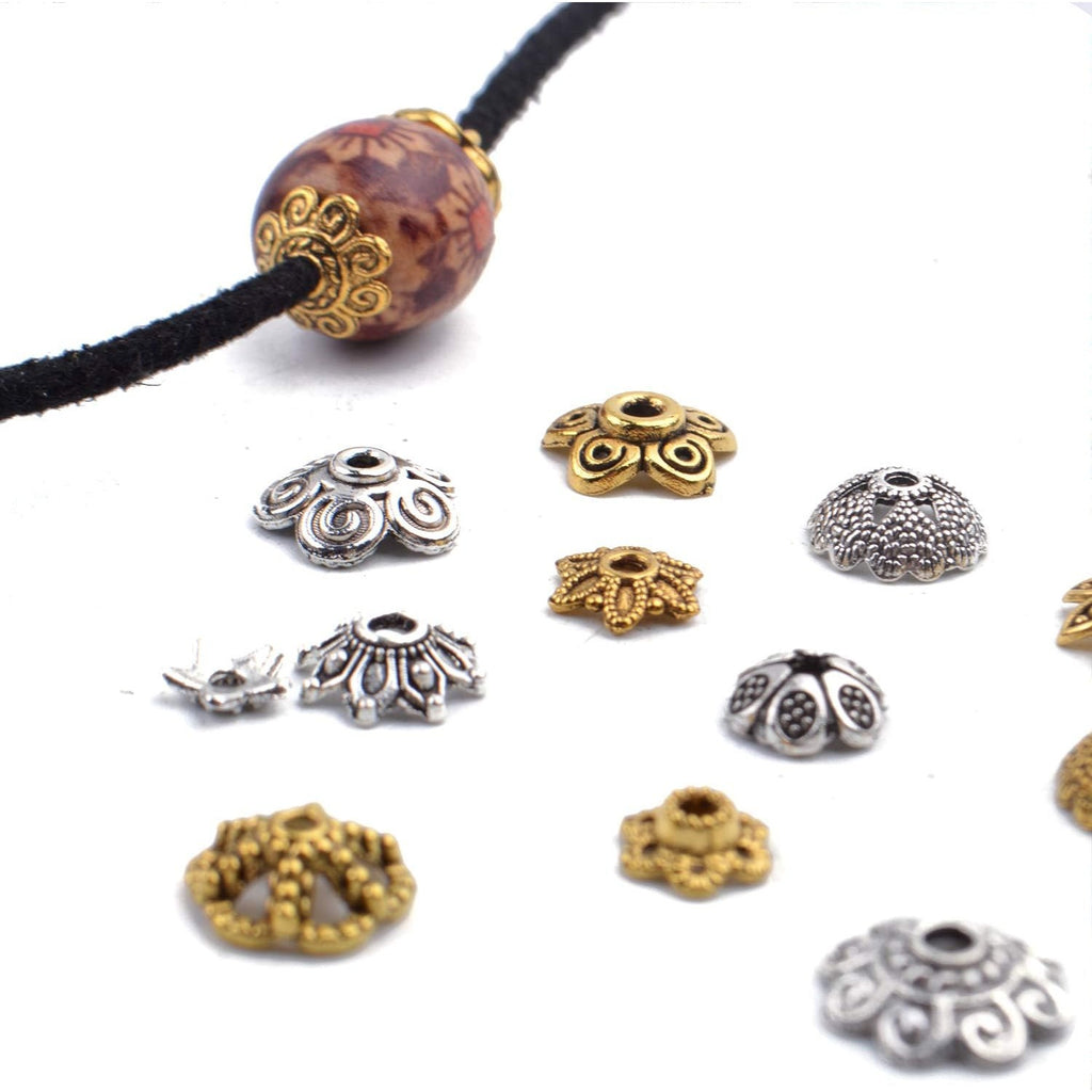 100g (200-350pcs) Mixed Metal Flower Bead Caps Spacer Beads Bali Style Jewelry Findings for DIY Crafting Jewelry Making, Antique Gold and Antique Silver