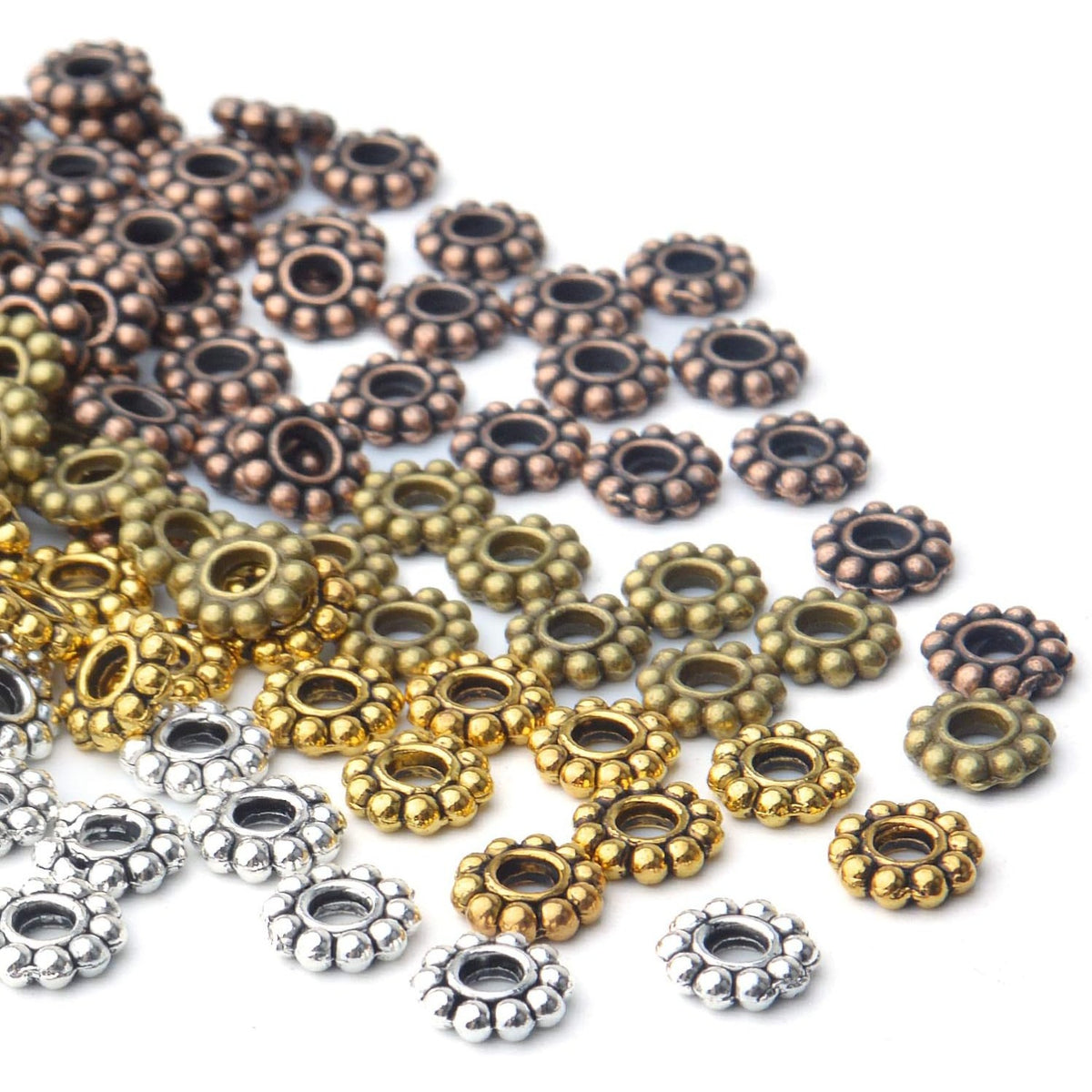 200pcs 4 Colors 6mm Flower Spacer Beads Tibetan Alloy Daisy Spacers Snowflake Loose Beads Jewelry Spacer Charms for DIY Bracelet Jewelry Crafts Making