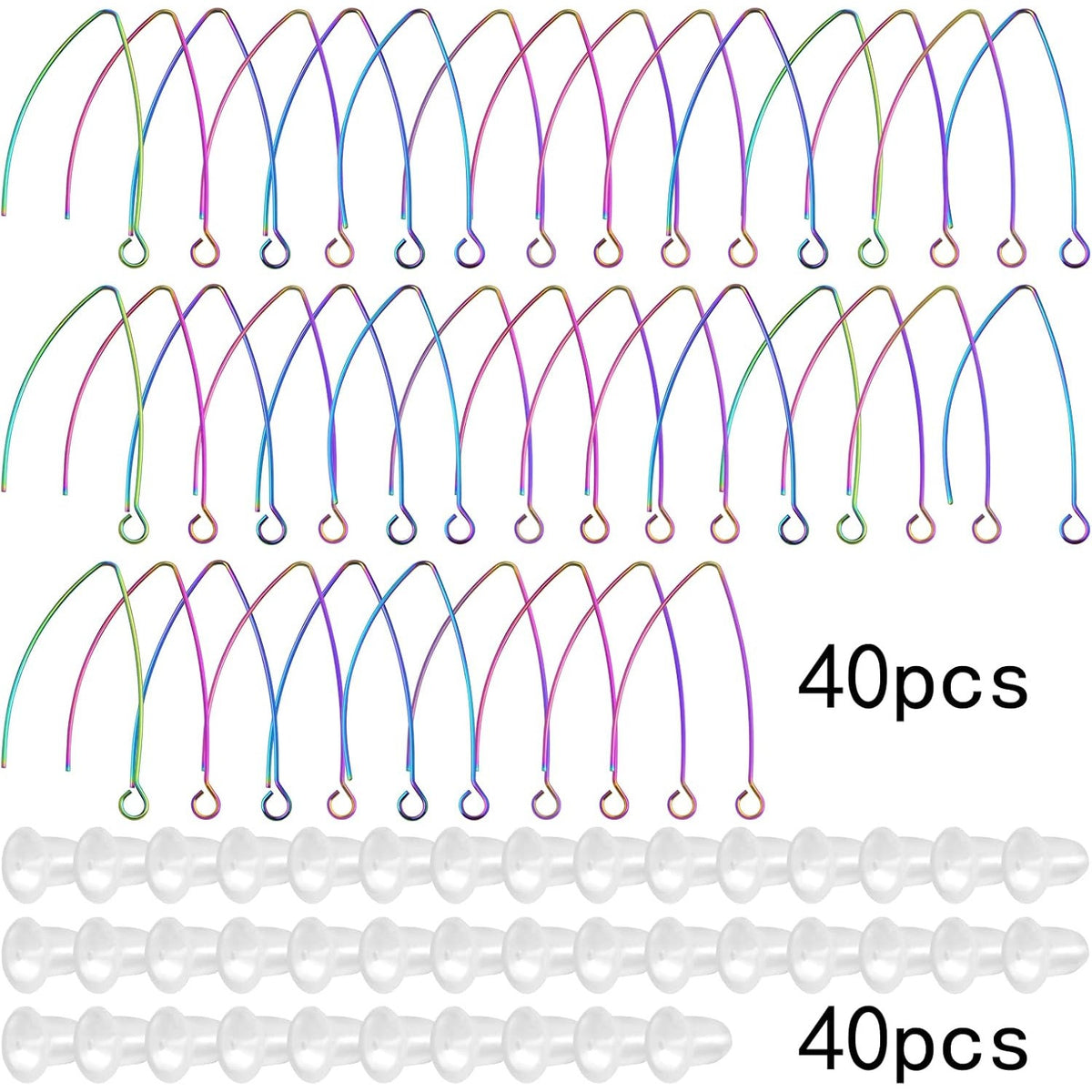 40pcs Stainless Steel V-Shape Earring Hooks Hypoallergenic Earwire Hooks with Loop and 40pcs Clear Earring Backs for DIY Jewelry Making Handmade Decoration, Rainbow Color