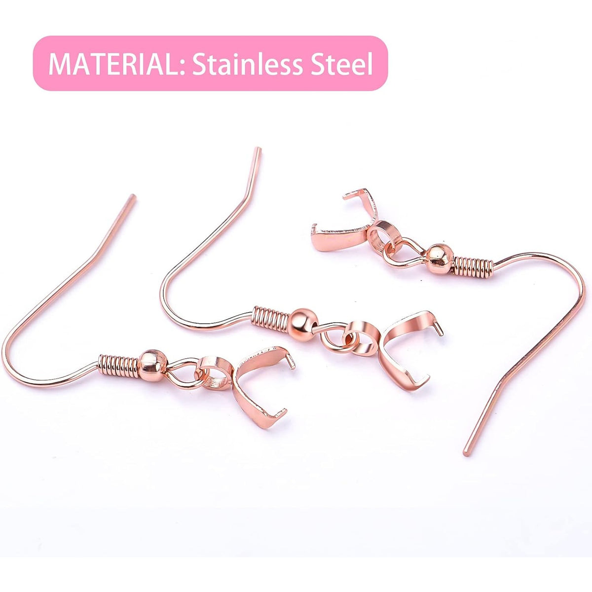 50pcs Stainless Steel Earring Hooks with Pendant Clasp Hypoallergenic Ear Wire Buckle Fish Hooks Dangle Earrings for Women DIY Jewelry Making Findings, Rose Gold