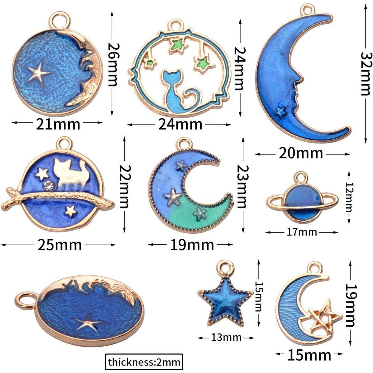 24 Pieces Gold Plated Enamel Charms Pendants, Blue Enamel Moon Star Pendant Crafting Accessories for Making Earrings Necklace DIY, 8 Styles