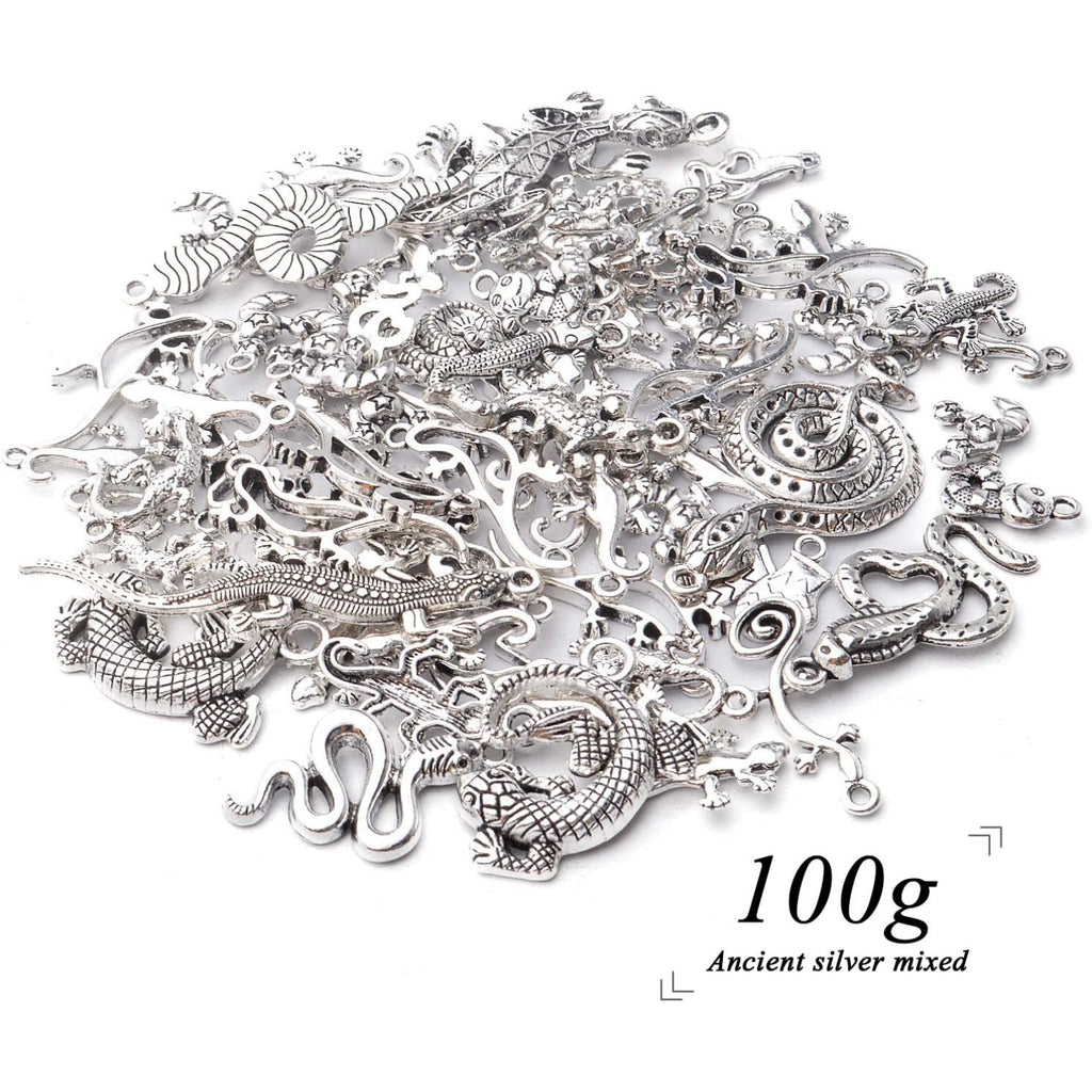 100g Craft Supplies Antique Silver Snake & Lizard Charms Alloy Mixed Style Animal Charms for Bracelet & Necklace Jewelry Making Accessories