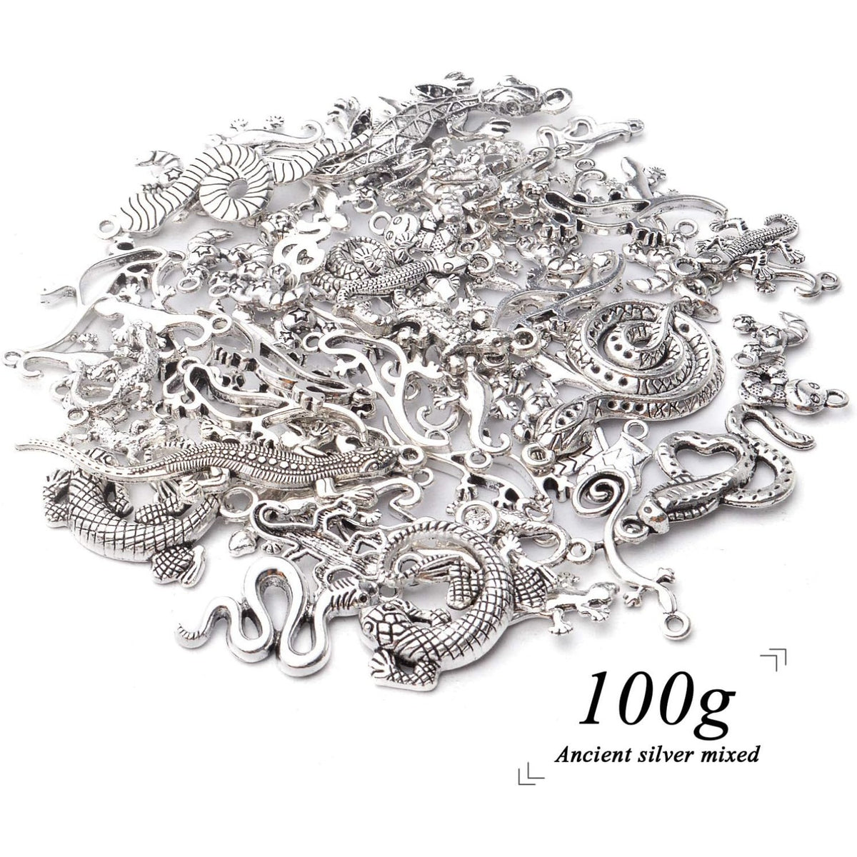 100g Craft Supplies Antique Silver Snake & Lizard Charms Alloy Mixed Style Animal Charms for Bracelet & Necklace Jewelry Making Accessories