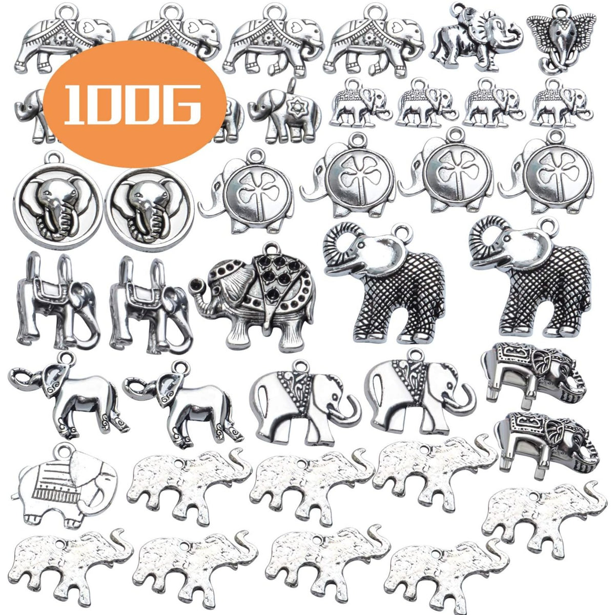 100g Antique Silver Elephant Charms Tibetan Animal Charms Pendants for Bracelets Necklace Jewelry Making