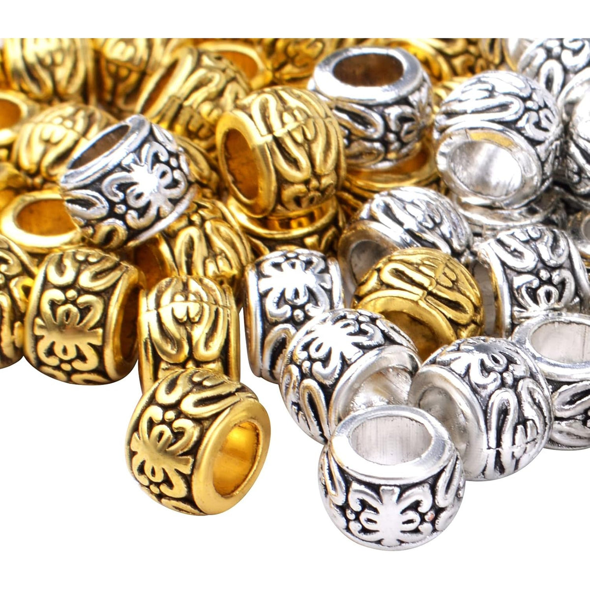 100pcs Barrel Spacer Beads European Large Hole Beads Tibetan Alloy Column Loose Charm Beads with Exotic Patterns for DIY Bracelet Crafts Jewelry Making Supplies, 2 Colors, Hole: 4 mm