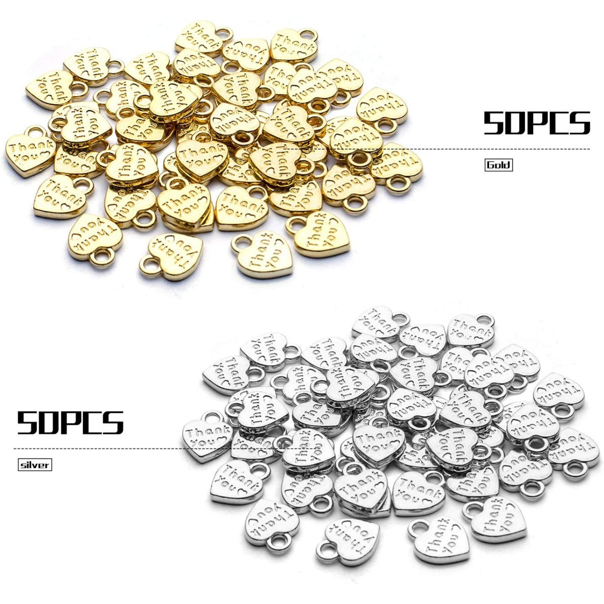 100pcs Antique Word Heart Charms, Thank You Heart Charm, Bulk Crafts Supplies for Jewelry DIY Necklace Bracelet Making, Antique Silver & Golden, 10x13mm