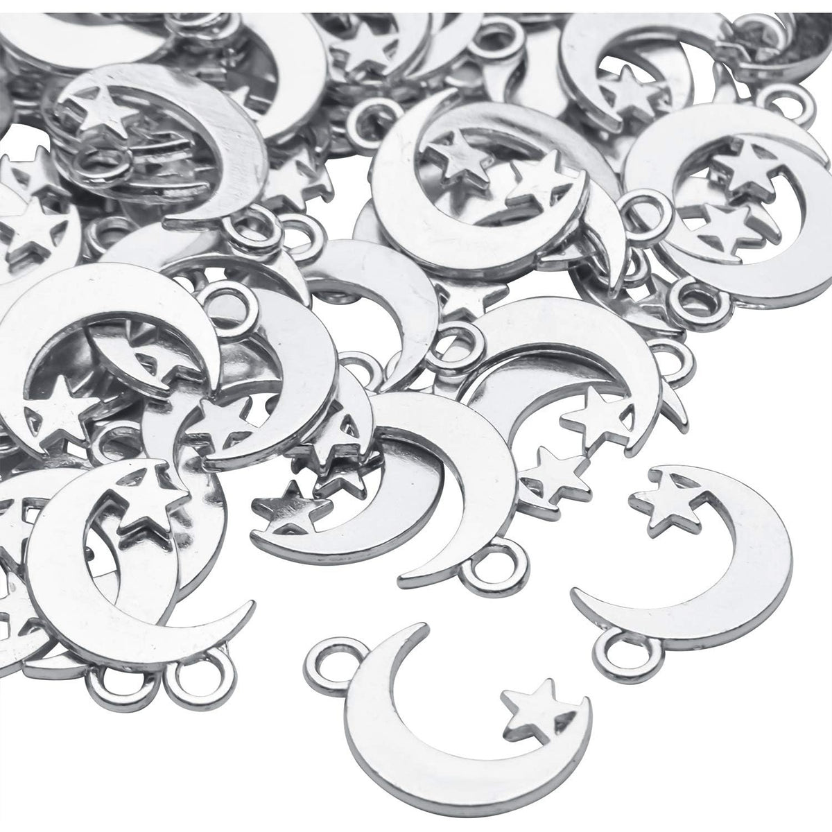 100Pcs Antique Silver Alloy Star and Crescent Moon Charms Pendants Celestial Charms Beads for DIY Earrings Necklace Bracelet Jewelry Making and Crafting
