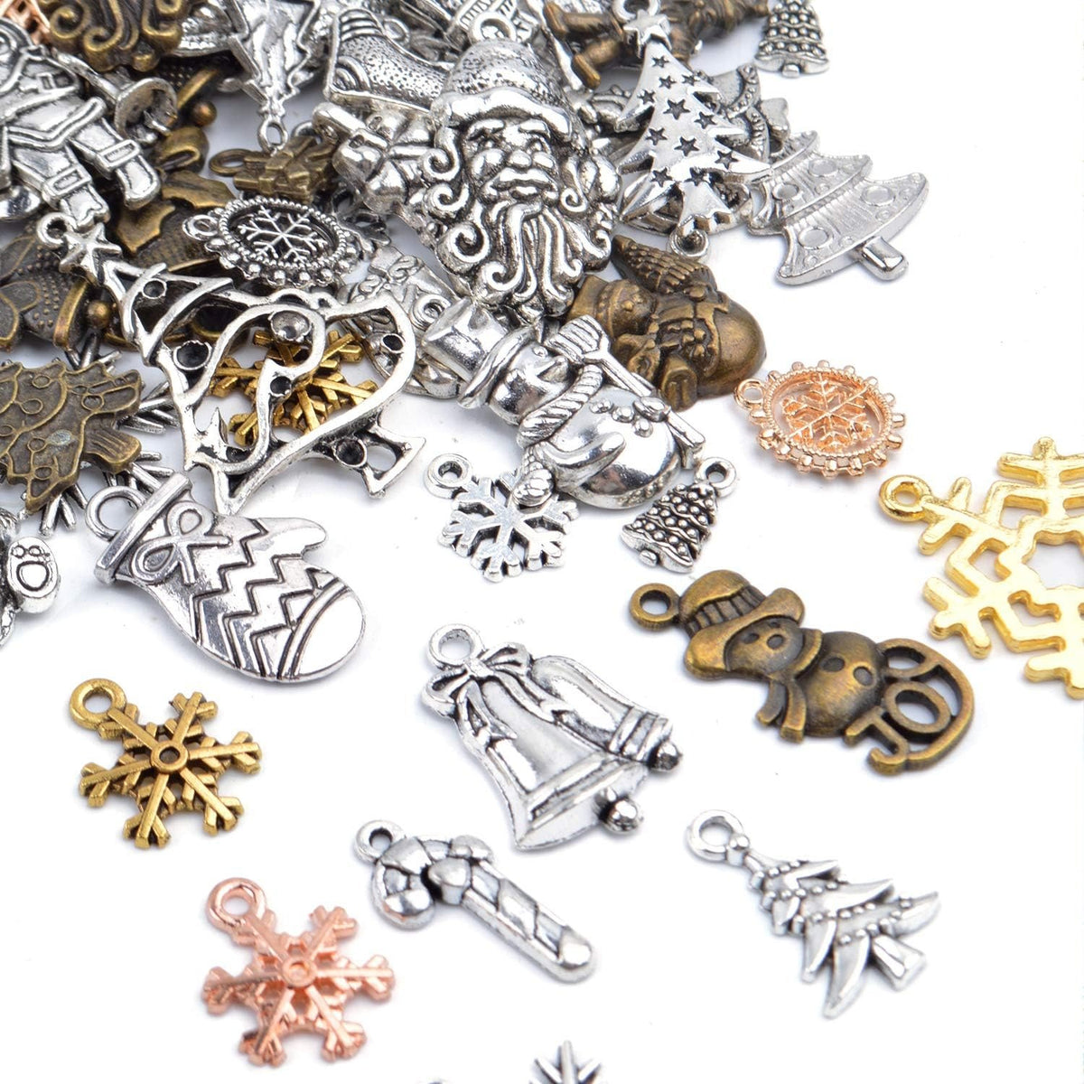 100 Gram Christmas Charms Assorted Antique Pendants Snowflake Tree Stocking Snowman Mixed Colors for Jewelry Making