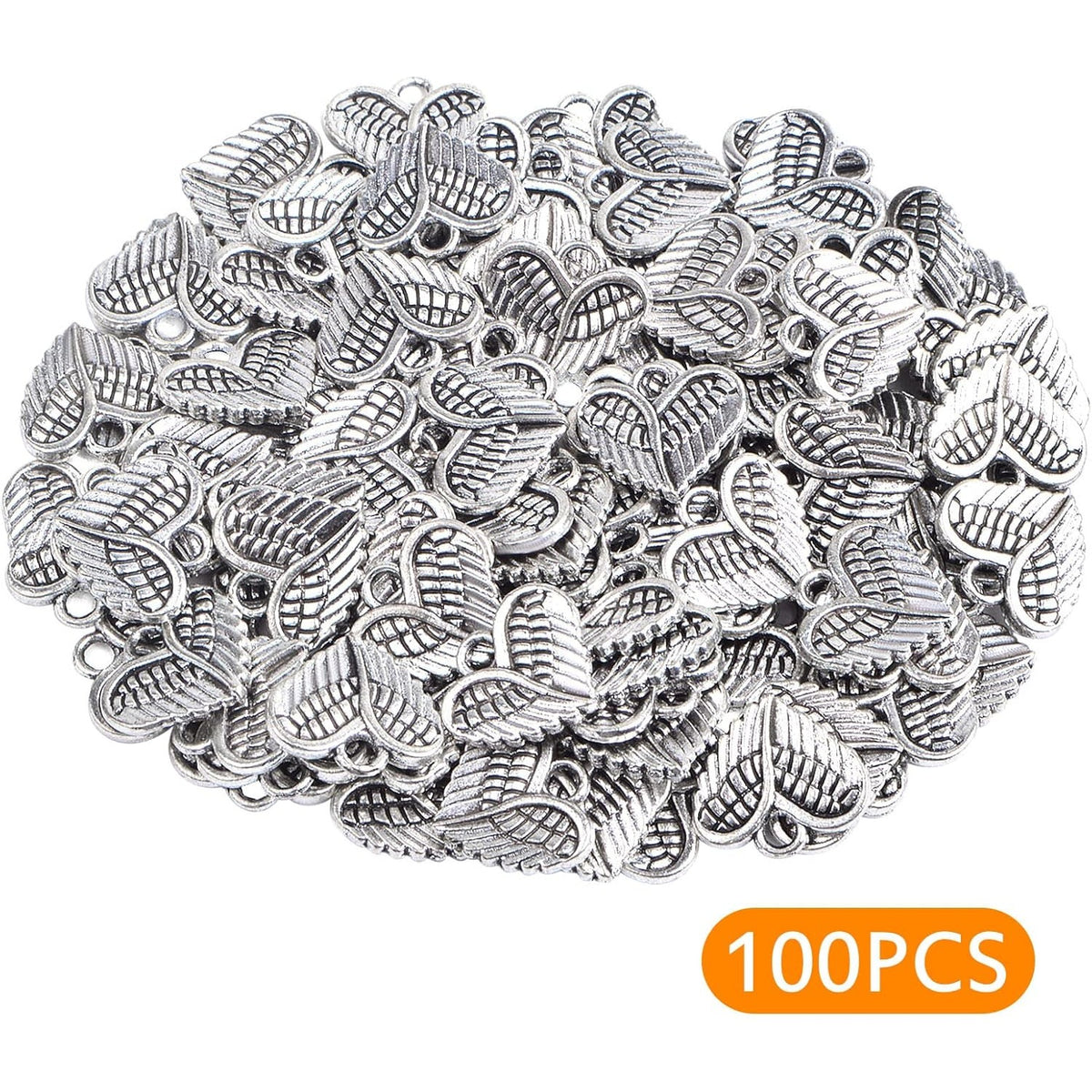 100pcs Antique Silver Angel Wings Feathers Charms Vintage Alloy Heart Shape Angel Wing Dangle Pendants for DIY Bracelet Necklace Jewelry Making Supplies Gifts