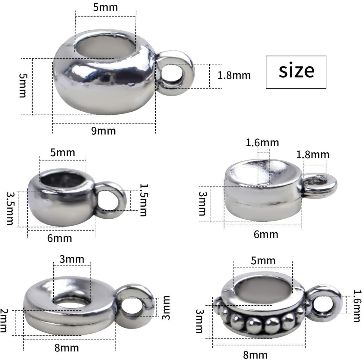 100g (About 100-150pcs) Tibetan Silver Bail Beads Jewelry Connector Bails Beads for Necklace Bracelet Jewelry Making,5 Styles