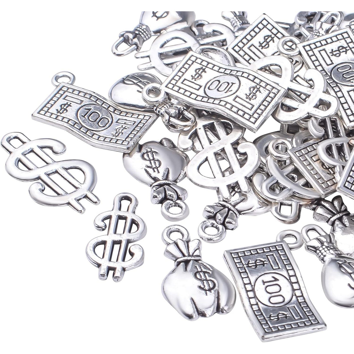 50pcs Antique Silver Dollar Sign Charms Tibetan Alloy Money Bag Pendants 100 Dollars Bill Charms for DIY Bracelets Necklace Jewelry Making Handmade Decoration, 5 Styles