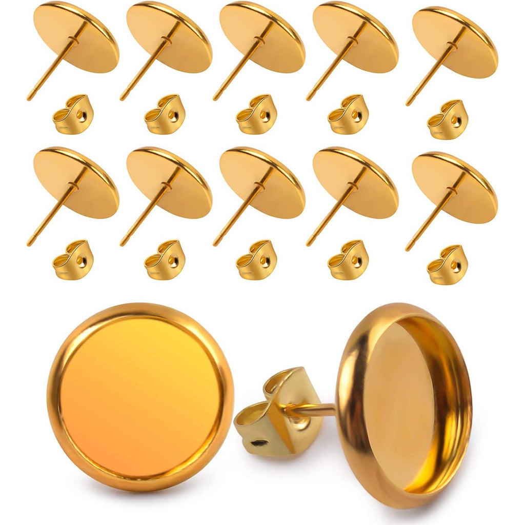 40 Pieces Stainless Steel Stud Earring Cabochon Setting Post Cup for 10mm and 40 Pieces Earring Safety Backs, Gold Color