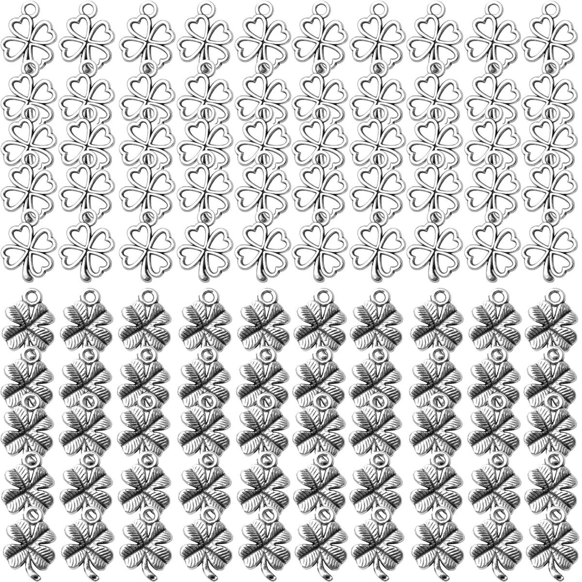 100pcs 2 Styles Alloy Four Leaf Clover Charms Lucky Charms Pendents for DIY Bracelet Necklace Jewelry Making Findings, Gold and Antique Silver