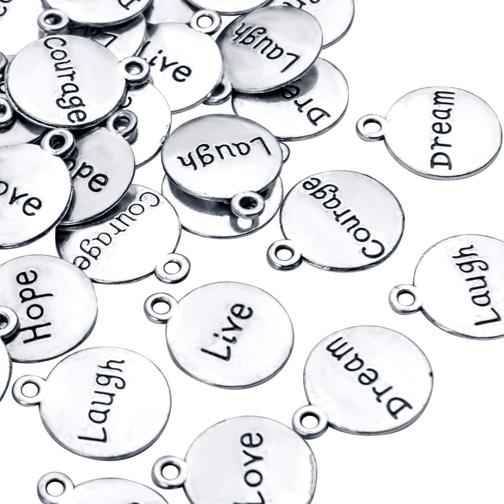 60pcs Inspirational Words Pendants Round Double-sided Lettering Charms Jewelry Findings for Crafting Necklace Bracelet,Antique Silver