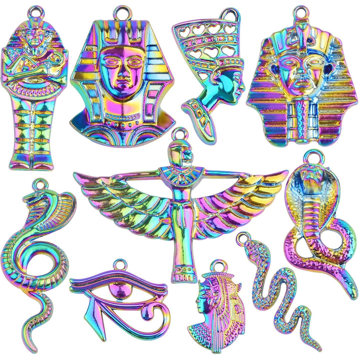 10pcs Rainbow Color Ancient Egypt Charms Mixed Pyramid Chief Snake Pharaoh Horus Eyes Cobra Winged Goddess Isis Pendants for DIY Jewelry Making Craft Supplies, 10 Styles