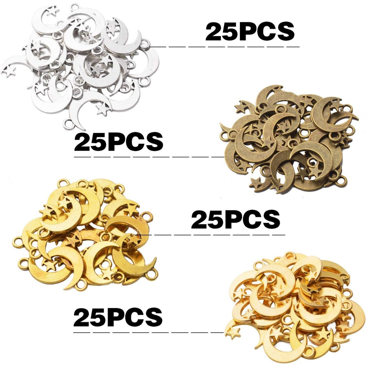 100pcs Alloy Moon Star Charm Pendants Celestial Beads Charms for DIY Earrings Necklace Bracelet Jewelry Crafts Making,4 Colors