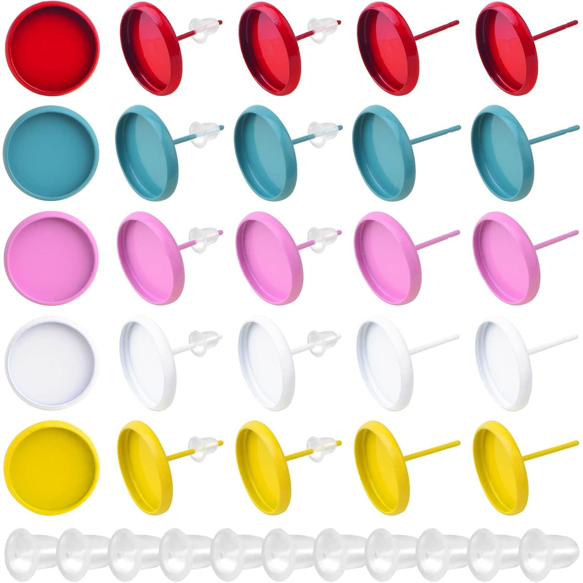 50 Pieces Blank Stud Earring Bezel Post Cup Round Cabochon Settings and 50 Pieces Earring Safety Backs for DIY Earrings Jewelry Making Fingdings, 5 Colors