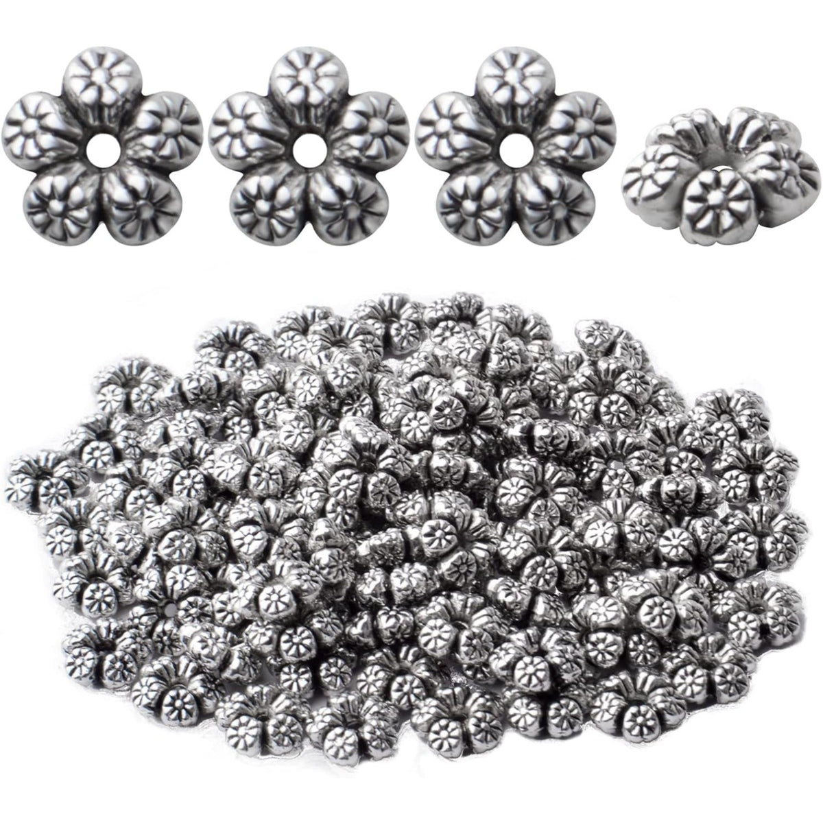 100pcs Antique Silver Flower Spacer Beads Tibetan Alloy Flower Bead Spacer Charm Beads for DIY Bracelet Necklace Jewelry Crafts Making Supplies