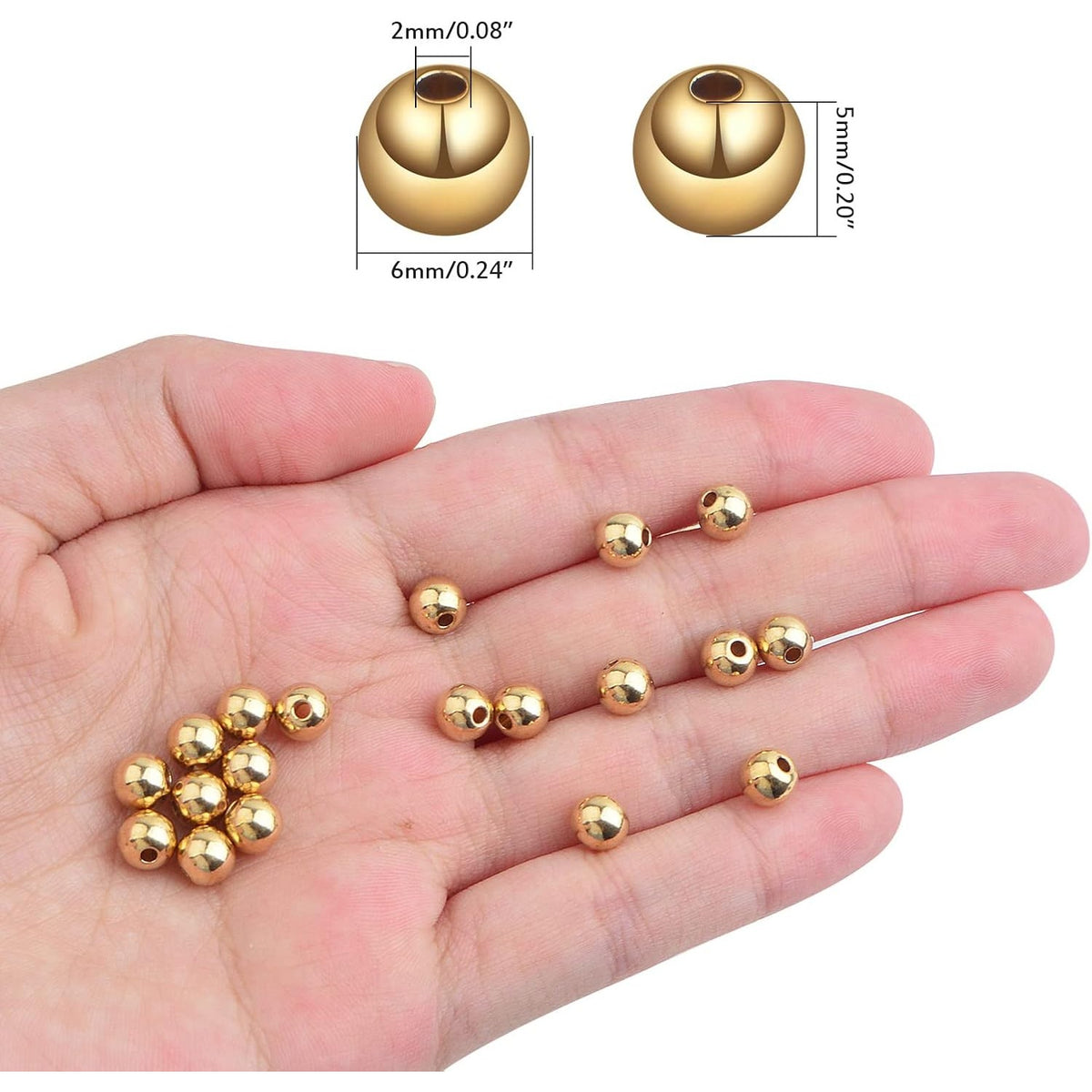 100pcs 6 mm Golden Plated Smooth Round Rondelle Spacer Beads Brass Tarnish Resistant Seamless Loose Ball Beads for DIY Bracelet Necklace Jewelry Making Supplies