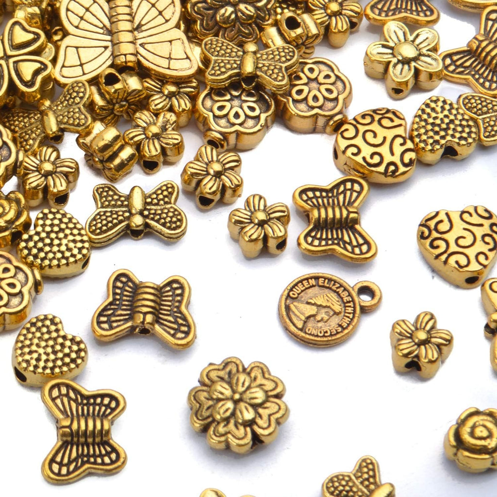100 Gram(About 130-170pcs) Antique Gold Alloy Heart Butterfly Flower Beads Charm Bead Spacers Jewelry Findings Accessories for Bracelet Necklace Jewelry Making