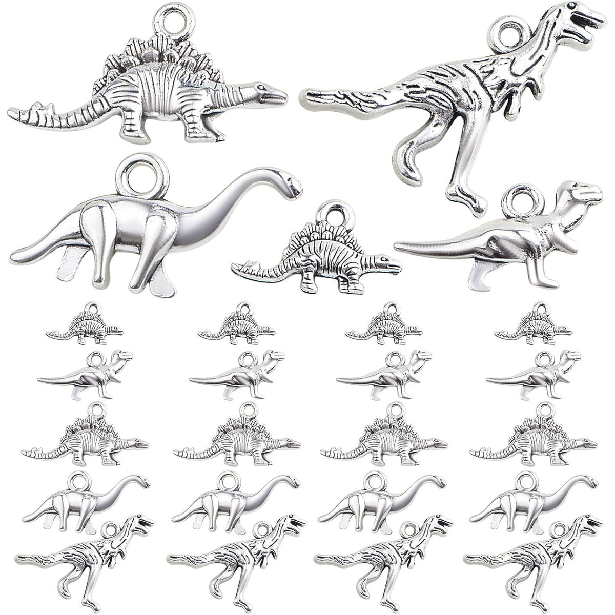 50pcs Antique Silver Mixed Dinosaur Charms Tibetan Alloy Animal Dinosaur Shape Dangle Pendants Bulk Lot for DIY Necklace Bracelet Jewelry Making Supplies, 5 Styles