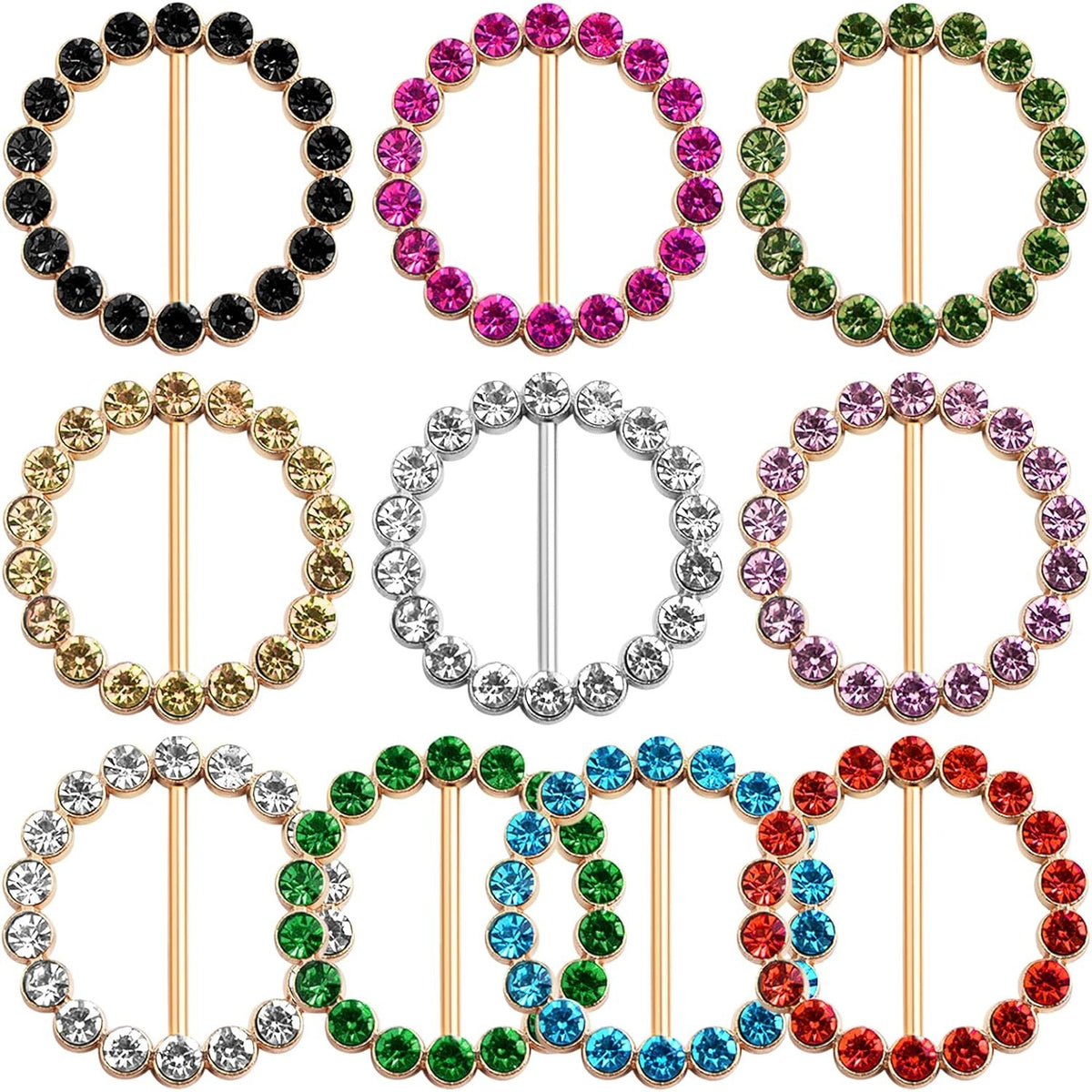 10 Pieces Metal Round Scarf Ring Clips Waist Buckle Circle Clip T-Shirt Silk Tie Pin Clips with Bling Rhinestone for Women Fashion Clothes Hat Belt Decor, 10 Colors