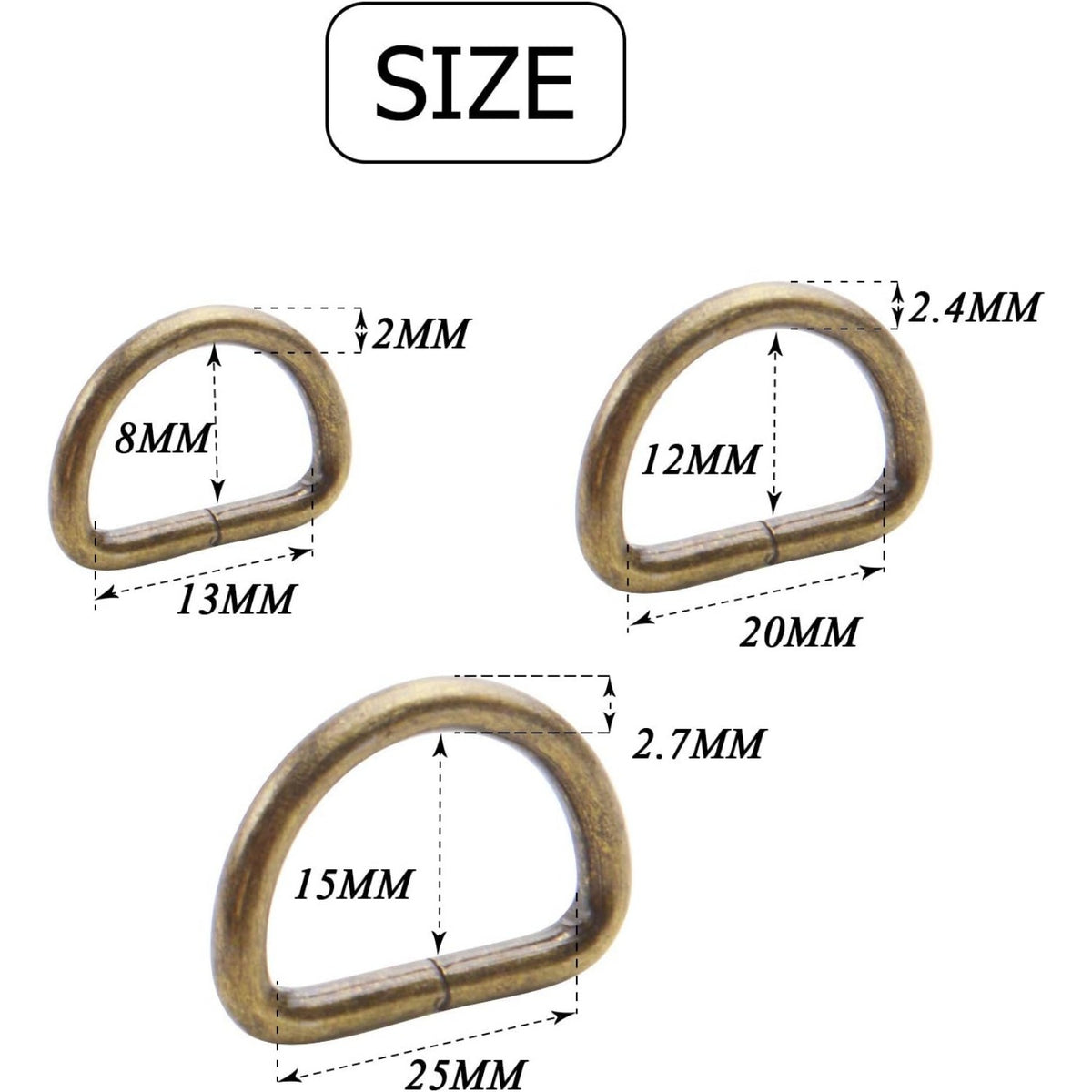 100pcs Multi-Purpose Metal D Rings Semi-Circular D Rings Hardware DIY Accessories for Bags Pet Collars Chain Bags,1/2inch,3/4inch and 1 inch